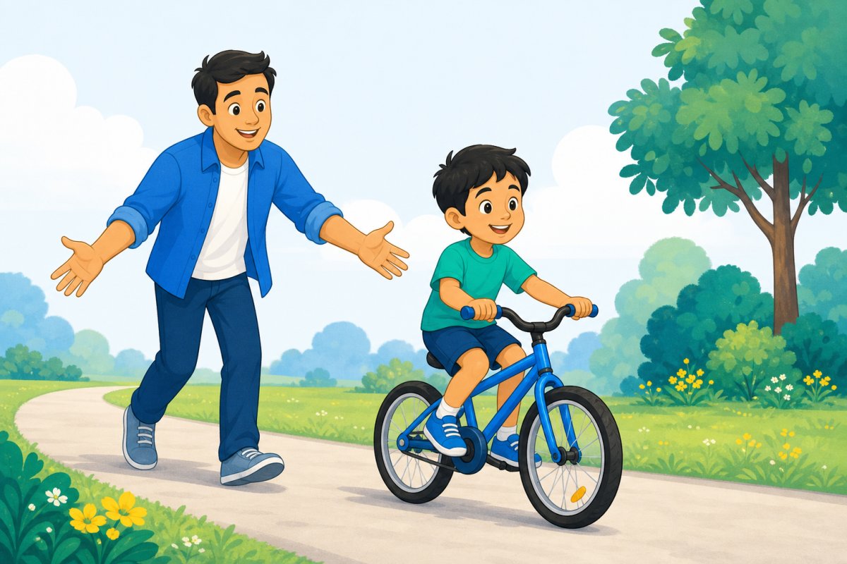孩子独立骑车，家长在旁保护