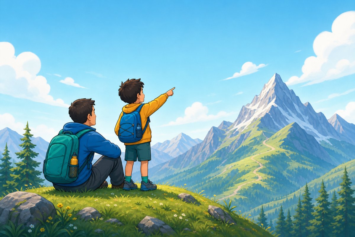 家长和孩子一起登山，望向更高山峰
