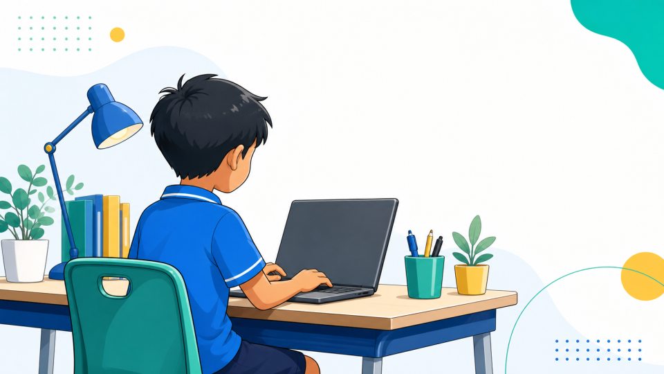 小学生在笔记本电脑前打字